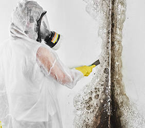 worker in clear hazmat suit using a scraping device to scrape away mold
